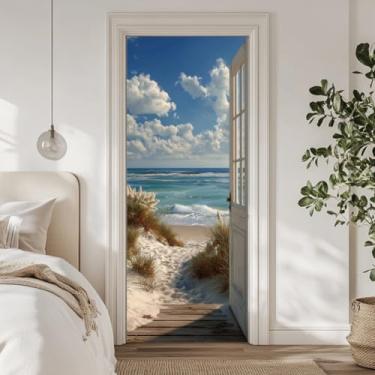 Imagem de arricraft 2 adesivos autoadesivos para porta, 80 cm x 199 cm, plantas de praia, mar, céu, nuvens, padrões, portas, PVC, papel de parede removível, decoração para quartos, sala de estar, decoração de