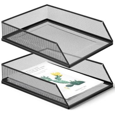 Imagem de PercyEffie 2 peças de bandeja de papel empilhável organizador de papel para suporte de arquivo de mesa A4 bandeja de metal preta para cartas, organizador de arquivos de escritório, armazenamento de