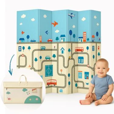 Imagem de Tapete Infantil Emborrachado Dobrável 2x1,5m Tatame Dupla Face 6mm Antiderrapante Bebê Atividades Educativa Macio Impermeável Colorido Tapetinho Criança Reversível Leve com Bolsa (Safari e Cidade) (Cidade)