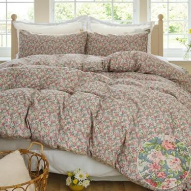 Imagem de Conjunto de capa de edredom floral rosa, linda roupa de cama de flor vintage cottagecore estética para mulheres adolescentes, conjunto de cama macio leve e chique, 3 peças, king