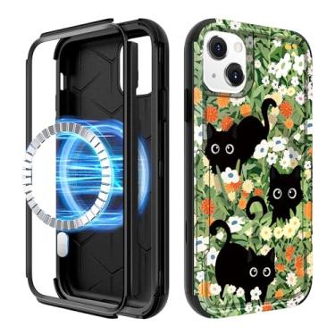 Imagem de LISEVO Capa para iPhone 14, capa para iPhone 13 - Compatível com MagSafe Women Girls Cute Magnetic Protective Phone Cover Black Cat Flowers Heavy Duty Shockproof Funda para Apple 13/14