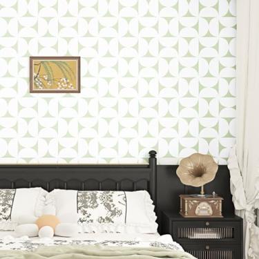 Imagem de EPPKILY Papel de parede geométrico verde bege papel de contato boho papel de parede removível autoadesivo verde para paredes de quarto sala de estar armários backsplash papel de contato vintage 44,5