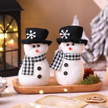 Imagem de SmoothNovelty 2 peças de bonecos de pelúcia de Natal boneco de neve de 15 cm, decorações de boneco de neve com chapéu preto, estatuetas de malha de feltro de Natal, bonecas colecionáveis para