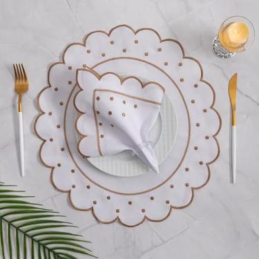 Imagem de Kit 12 Pçs 6 Lugares Mesa Posta Sousplat Jogo Americano Poá Bordado Marfim