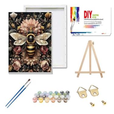 Imagem de Yunruily Kit de pintura por números para adultos com moldura - Pintura de abelha vintage por número para adultos, kits de pintura por números com cavalete de madeira para decoração de parede de casa