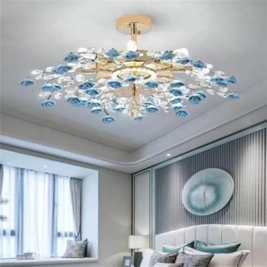 Imagem de Lustre de cristal criativo com pingente, luminária de LED em formato de flor de cerâmica para decoração de sala de estar e jantar (azul, D80 cm (1 peça))