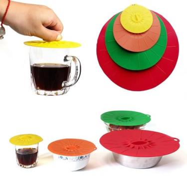 Imagem de Conjunto de 4 Tampas de Silicone com Vedação a Vácuo, Tampas Coloridas para Potes e Copos, Reutilizáveis e Versáteis
