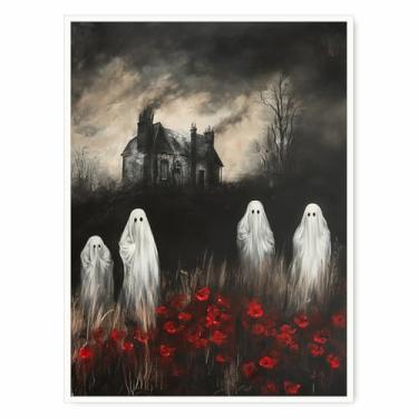Imagem de Arte de parede fantasma assustador Halloween casa assombrada pôster com fantasmas assustadores preto e branco e flores vermelhas impressão gótica de terror para quarto ou entrada 30 x 40 cm sem