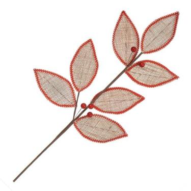 Imagem de Galho Folhas Natalino Rústico Bege Vermelho Enfeite 63cm Artificial De