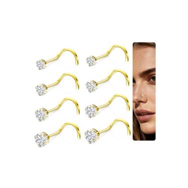 Imagem de Conjunto de anéis de nariz hipoalergênicos banhados a ouro 14K para mulheres e homens: anéis de nariz clicker de aço inoxidável 316L, delicado CZ em forma de L/saca-rolhas/reto/transparentes, joias de