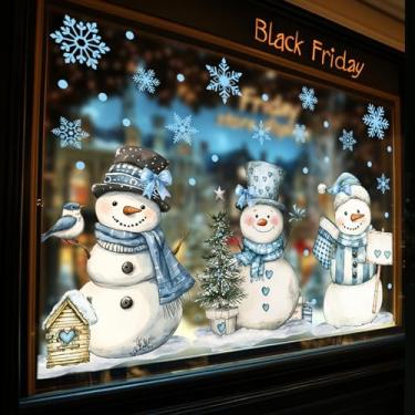 Imagem de Whaline 3 folhas adesivos de janela de Natal extra grande boneco de neve azul floco de neve adesivos de vidro dupla face para inverno, Natal, casa, sala de aula, escritório, decoração de festa