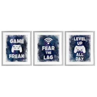 Imagem de Stupell Industries Gamer Quotes with Splash 3 peças impressão emoldurada cinza conjunto sob vidro, design por Marcus Prime, 16 x 13