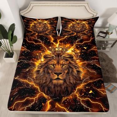 Imagem de Jogo de cama solteiro com coroa de rei dourado e animal selvagem africano para adolescentes e crianças, jogo de cama 3D, flash, estampa flash, dourado e preto (1 lençol com elástico + 1 fronha)