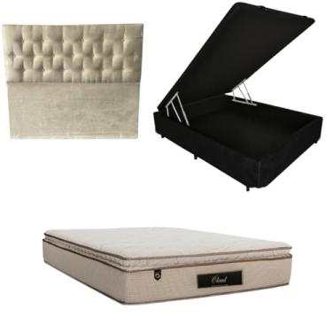 Imagem de Cama Box Baú Blindada com Colchão Cloud Molas Ensacadas C/Pillowtop 32cm + Cabeceira Botonê (CORINO PRETO, Casal)