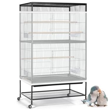 Imagem de ASOCEA Gaiola de pássaro grande, capa de gaiola de pássaro, ajustável, macia, arejada, rede de malha de nylon para papagaio, periquito, arara, gaiolas quadradas redondas africanas (branca, 118 x 31,5