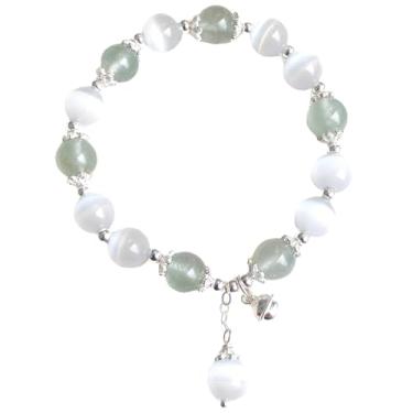 Imagem de Pulseira feminina de opala olho de gato de 8 mm com pingente de sino de prata, joia elástica com contas de cristal elástico com propriedades curativas