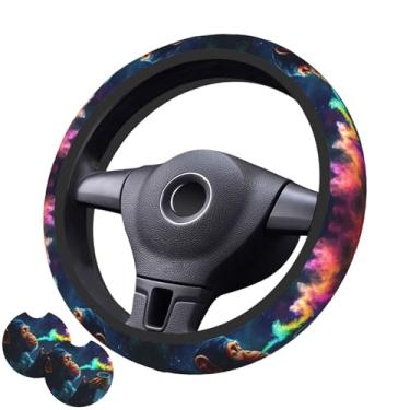 Imagem de Capa de volante Monkey Smoking com 2 porta-copos de carro antiderrapante de neoprene para mulheres e homens, conjunto universal de 38 cm, elegante e prático