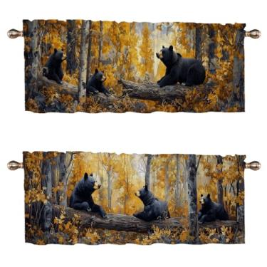 Imagem de WUQIANQ Cortinas de cozinha de urso preto, pacote com 2, retrô, tronco de árvore, floresta, velho bolso de varão, decorativo, cortinas decorativas para janela pequena, sanefa para café, sala de estar