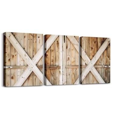 Imagem de Erosebridal Arte de parede rústica para porta de celeiro 30,5 x 40,6 cm 3 peças Western Farmhouse Poster Print Country Wooden Door Wall Painting Southwestern Wood Taupe Framed Canvas Prints
