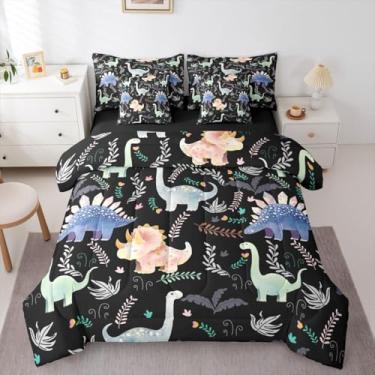 Imagem de Feelyou Jogo de cama solteiro de dinossauro fofo, 7 peças, dinossauro, preto, para crianças, meninos, meninas, planta, folha, dinossauro, lençol com edredom, lençóis, fronhas, capas de almofada