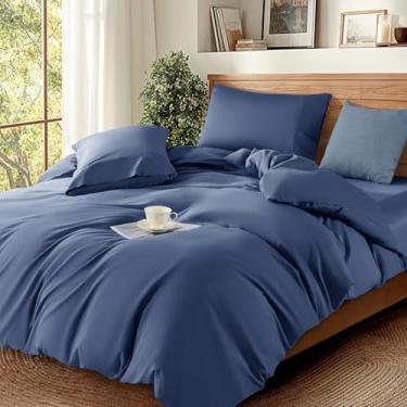 Imagem de DEITAS Capas de edredom 100% algodão - 1200 fios, capa de edredom de algodão egípcio de luxo, capas de edredom de cama de hotel 3 peças (Queen, azul marinho)