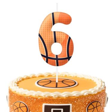 Imagem de Velas de aniversário número 6 de basquete, topo de bolo com tema de basquete para meninos e meninas, decorações de bolo para aniversários, suprimentos de festa com tema esportivo, velas para