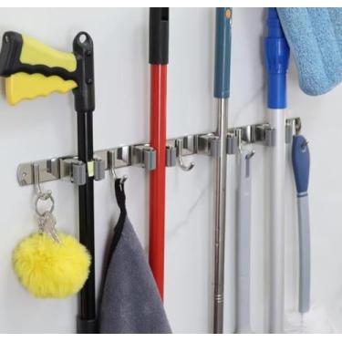 Imagem de Suporte Organizador Multiuso de Parede em Aço Inox 9 em 1 Porta Vassouras Rodo Esfregão Utensílios de Limpeza e Ferramentas de Jardim 49,9cm Suporta 30kg Instalação Fácil - Three Brothers