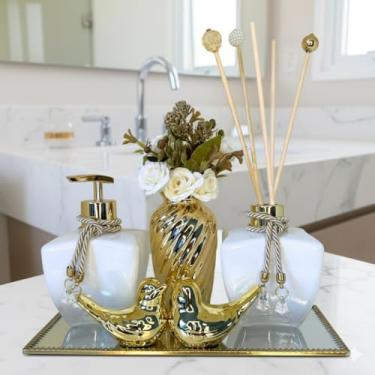 Imagem de Kit banheiro espelhado + Kit Para Lavabo + Porta Sabonete Líquido + Varetas + Enfeite Porcelana + Bandeja Organizador Pia + Kit lavabo luxo preto + kit aromatizador e saboneteira