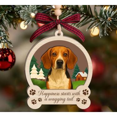 Imagem de Enfeite de Natal de madeira Beagle - Lembrança de cachorro de 3 camadas - Presente memorial de animal de estimação para amantes de cães - Decoração de Feliz Natal - Enfeite de madeira de 7,5 x 10,2 cm