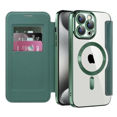 Imagem de COTDINFOR Capa magnética para iPhone 15 Pro Max com suporte para cartão [bloqueio RFID] [compatível com MagSafe] Capa de proteção de couro transparente que não amarela, para iPhone 15 Pro Max, verde