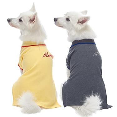 Imagem de Blueberry Pet Pacote de 2 camisetas polo personalizadas personalizadas de volta para cães com nome bordado, amarelo e cinza inteligente, comprimento das costas 25,4 cm, roupas personalizadas para cães