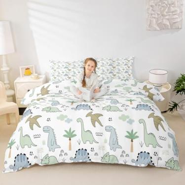 Imagem de Jogo de cama infantil com estampa de dinossauro, desenho animado de dinossauro, aquarela, árvores, selva, árvores, sem enchimento, para decoração de quarto de meninos e meninas, tamanho solteiro com 1