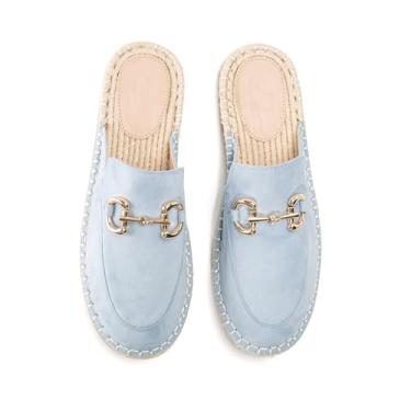 Imagem de RUSAUISE Mule Sapatos rasos mocassins redondos fechados sandálias rasteiras confortáveis respiráveis casuais sapatos sociais para caminhada no escritório, Azul claro/camurça, 39