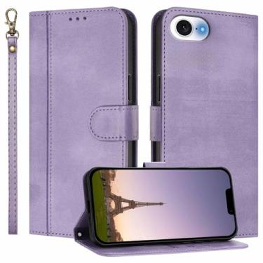 Imagem de JanCalm Capa carteira para iPhone 16e, compartimentos para dinheiro, alça de pulso, fecho magnético, proteção de couro PU, capa de design minimalista, capas flip com suporte para iPhone 16e (roxa)