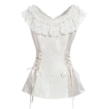 Imagem de NSPSTT Camisa vitoriana feminina plus size manga curta branca vitoriana blusas brancas com cadarço para mulheres, Off-white, G