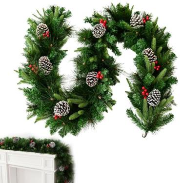 Imagem de Guirlanda de Natal artificial | Guirlanda de Natal de pinho, guirlanda de porta de 2 m - decoração de guirlanda de Natal com frutas vermelhas de vime para decoração de Natal