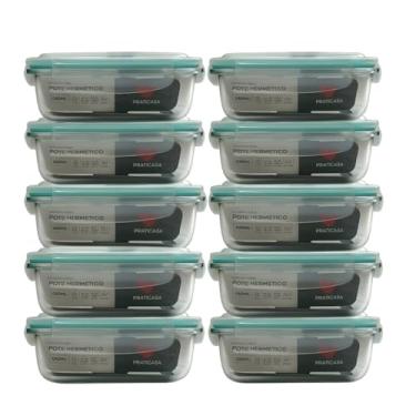 Imagem de Pote Hermético de Vidro, Tampa com Super Vedação, 640ml, BPA Free, Retangular, Resistente até 300°C, para Alimentos e Marmitas, 15x11x5cm, Kit 10 unidades