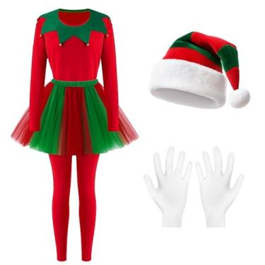Imagem de Hillban Fantasia feminina de elfo de Natal vermelha e branca fantasia de festa de Halloween (vermelho verde, 2GG)