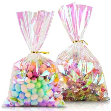 Imagem de Labeol 100 unidades de sacos de celofane iridescente, sacos de guloseimas, doces, 5 × 7, com laços, bolsa de presente transparente, holográfico, festa, lembrancinhas para aniversário, casamento