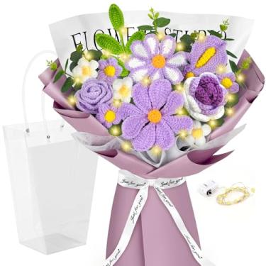 Imagem de ICX Buquê de flores de crochê, feito à mão com rosas, flor Gesang, coração de crochê, buquê de crochê, presente para casamento, aniversário, aniversário, dia das mães para ela, namorada, esposa