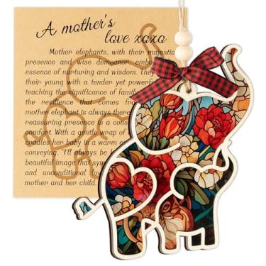 Imagem de CJiangpo Ornamento de elefante de maternidade com cartão - Enfeite de elefante de madeira com cartão de história, presentes de aniversário de Natal sinceros para mães mulheres amigas, decoração