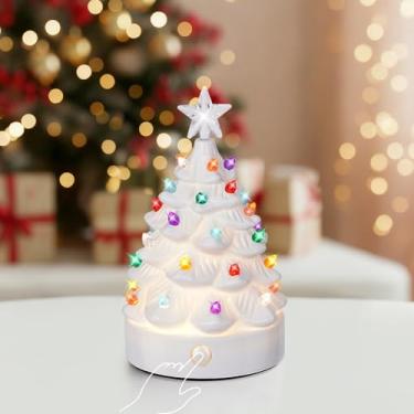 Imagem de Brightever Luminária de mesa com controle de toque de árvore de Natal pré-iluminada, luz de Natal regulável à prova de estilhaçamento de 18 cm de altura com lâmpadas de LED multicoloridas e 2 estrelas