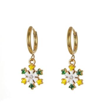 Imagem de Brincos de argola pequenos com pingente de floco de neve para mulheres, aço inoxidável, esmaltado, floral, colorido, enfeite de férias de inverno, pingente de gota para cartilagem, brinco fofo de