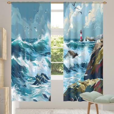 Imagem de 2 conjuntos de painéis de cortinas transparentes com pintura de gaivota do oceano, cortinas transparentes e arejadas, com filtro leve, painéis de cortina de porta e janela para sala de estar, quarto