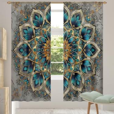 Imagem de 2 conjuntos de painéis, estilo mandala, flor, azul, cortinas transparentes, arejadas, com filtro leve, painéis de cortina de porta e janela para sala de estar, quarto, jantar, 203 cm de comprimento