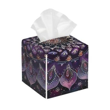 Imagem de Porta-lenços de couro quadrado impermeável étnico flor mandala roxa organizador de papel facial com cinto inferior cubo estojo de lenços para mesa, banheiro, escritório, mesa, carro, decorativo