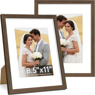 Imagem de Vittanly Conjunto de 2 porta-retratos de 21 x 28 cm, moldura de madeira maciça para parede ou mesa, exibição de foto 15 x 20 com tapete ou 21 x 28 sem tapete, marrom