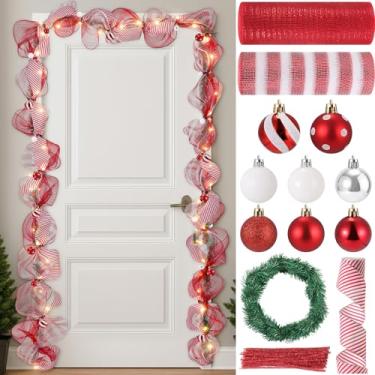 Imagem de AceOrbit 28 peças DIY decoração de Natal malha guirlanda decoração de malha metálica fita vermelha bolas de Natal fita agulhas de pinheiro guirlandas hastes de chenille para guirlanda de Natal porta