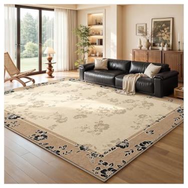 Imagem de SPXMQSS Tapetes florais laváveis, tapete vintage para sala de estar, antiderrapante, pilha baixa, não cai, fácil de limpar para sala de estar, quarto, sala de jantar, escritório em casa - bege preto E
