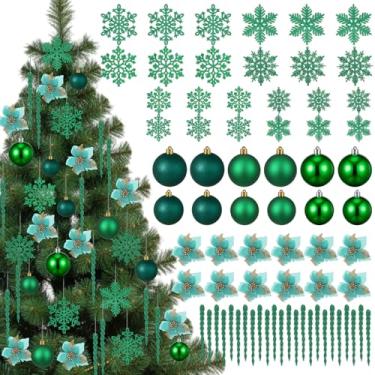 Imagem de Soulchen Conjunto de 72 peças de decoração de árvore de Natal verde, enfeites de gelo pendurados, bolas de Natal inquebráveis, enfeite de flocos de neve com glitter, flores de poinsétia para decoração